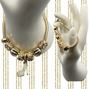 Anne Klein-Crystal-Textured-Polished Beads Pave High Heel Charm Rope Bracelet